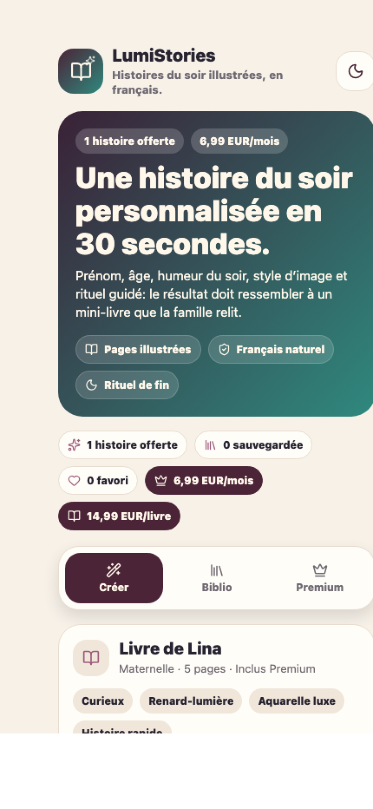 Création d'une histoire Plumea — choix âge, humeur, héros